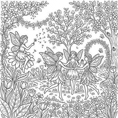 Step into a world of magic with this delightful coloring page featuring enchanting fairies celebrating the arrival of spring. Kids will love bringing this vibrant scene to life with their favorite colors, filled with blooming flowers and joyful dancing sprites.