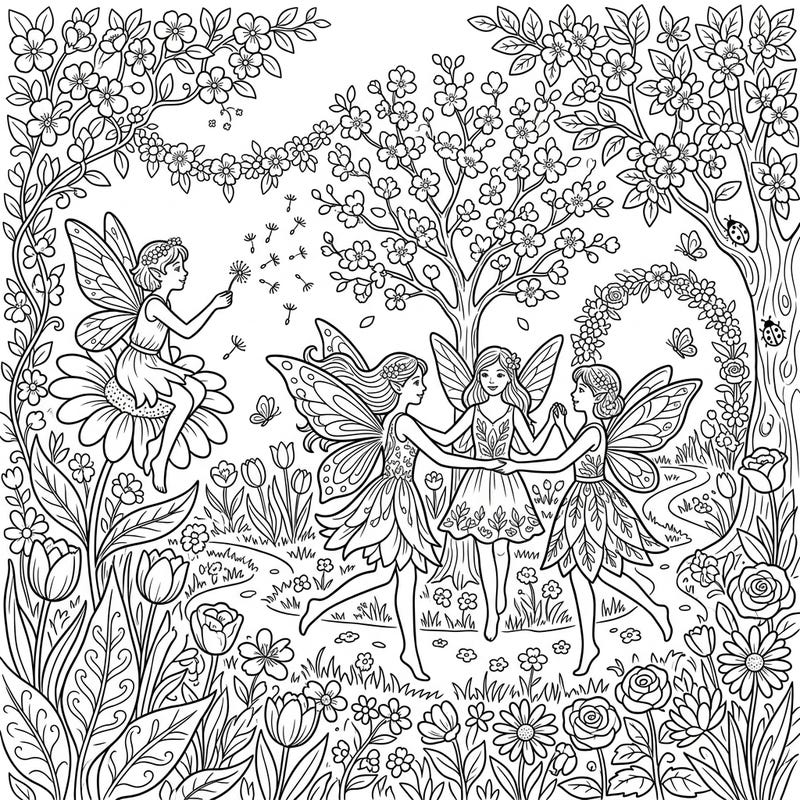 Step into a world of magic with this delightful coloring page featuring enchanting fairies celebrating the arrival of spring. Kids will love bringing this vibrant scene to life with their favorite colors, filled with blooming flowers and joyful dancing sprites.
