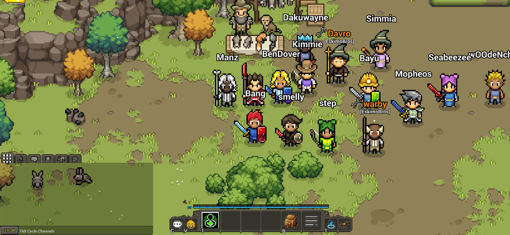 Um grupo de personagens de jogadores em pixel art reunidos em uma floresta em Heartwood Online