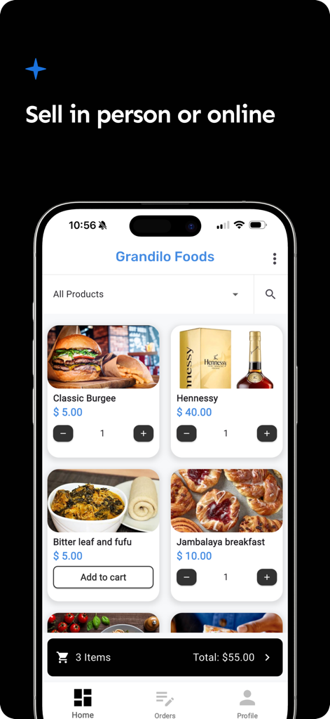 Interface de l'application mobile Posa montrant un catalogue de produits numériques pour la vente en personne ou en ligne