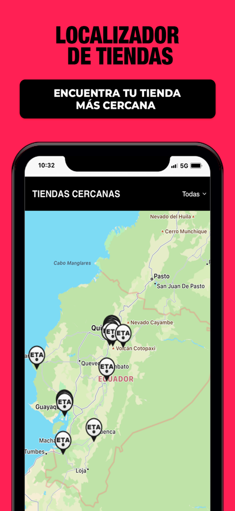 ETAFASHION - Mapa localizador de tiendas en la app ETAFASHION mostrando ubicaciones de tiendas en todo Ecuador