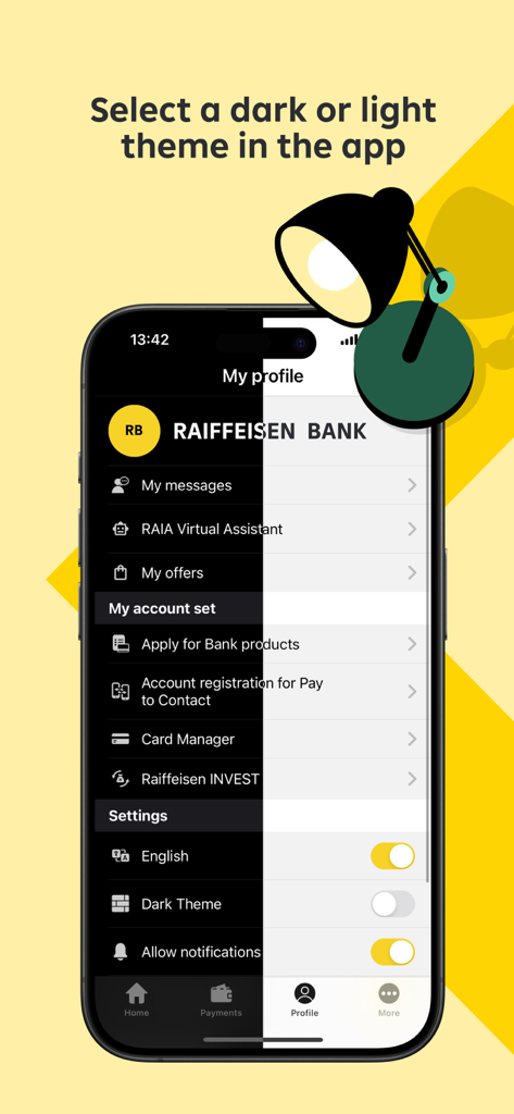 Raiffeisen Mobile Banking - Benutzeroberfläche der Raiffeisen Mobile Banking App mit einer geteilten Ansicht der Optionen für dunkle und helle Designs in den Profileinstellungen.