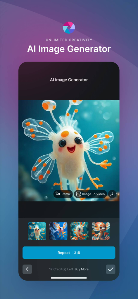 Pixlr AI Photo & Video Editor - Pixlr mobile app interface showing the AI image generator tool with a cute animated creature