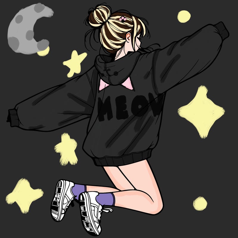 realistic girl jumping with a bun and oversized sweatshirt