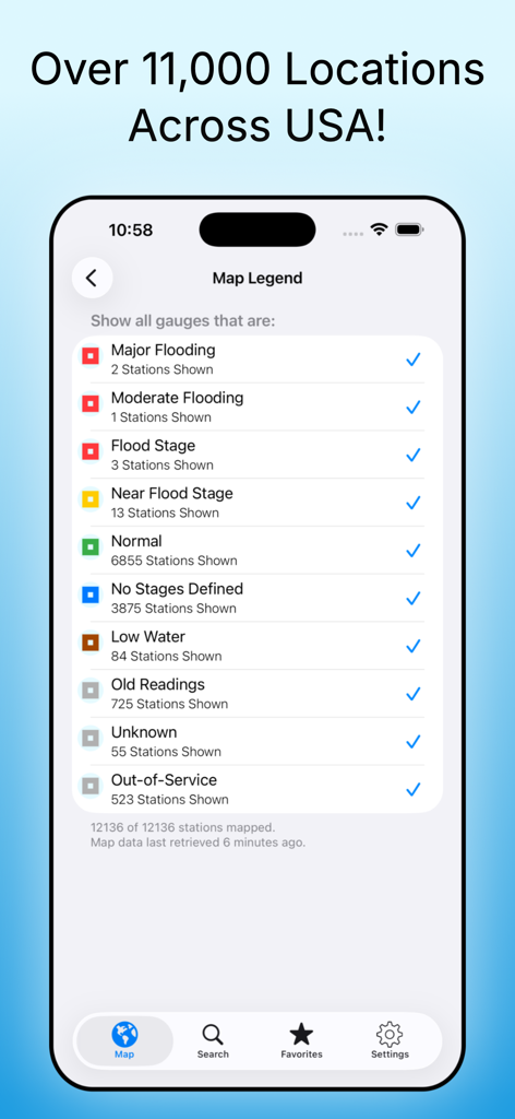 Rivercast app interface showing the map legend with color-coded river level statuses across the United States.