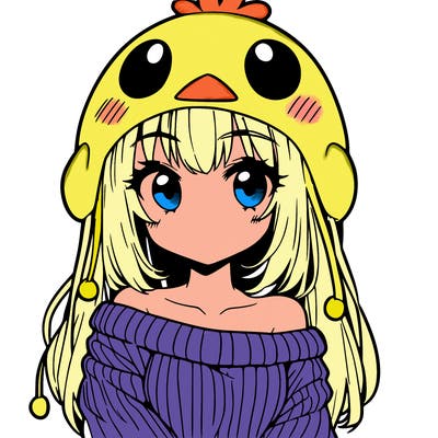 anime girl with chick shaped hat with sweater with bare shoulders with bangs covering them one eye with low tail