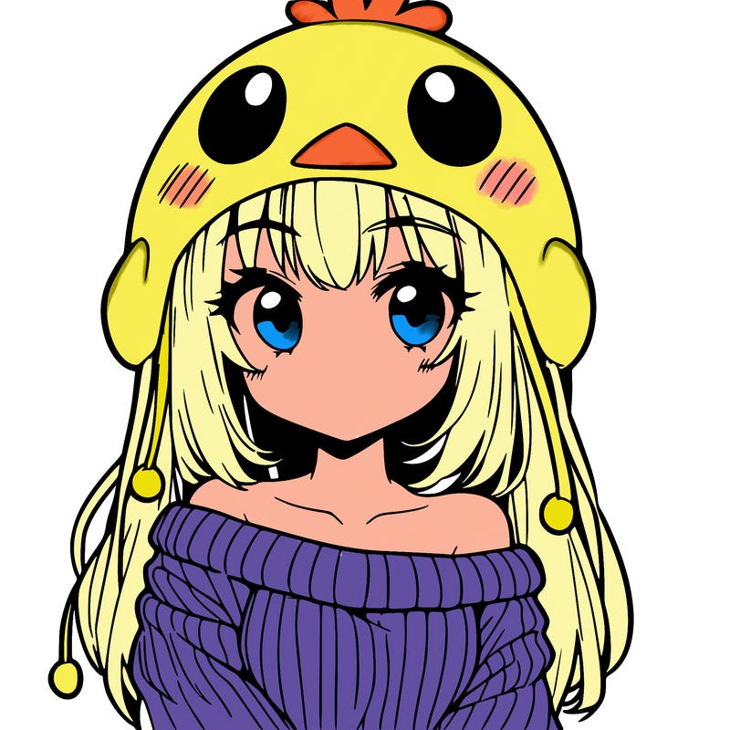 anime girl with chick shaped hat with sweater with bare shoulders with bangs covering them one eye with low tail