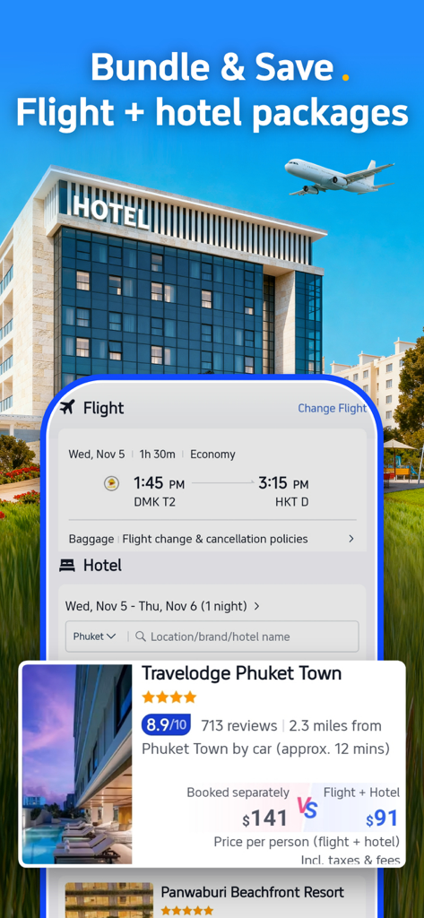 Trip.com app showing flight and hotel bundle savings for Phuket