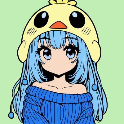 anime girl with chick shaped hat with sweater with bare shoulders with bangs covering them one eye with low tail