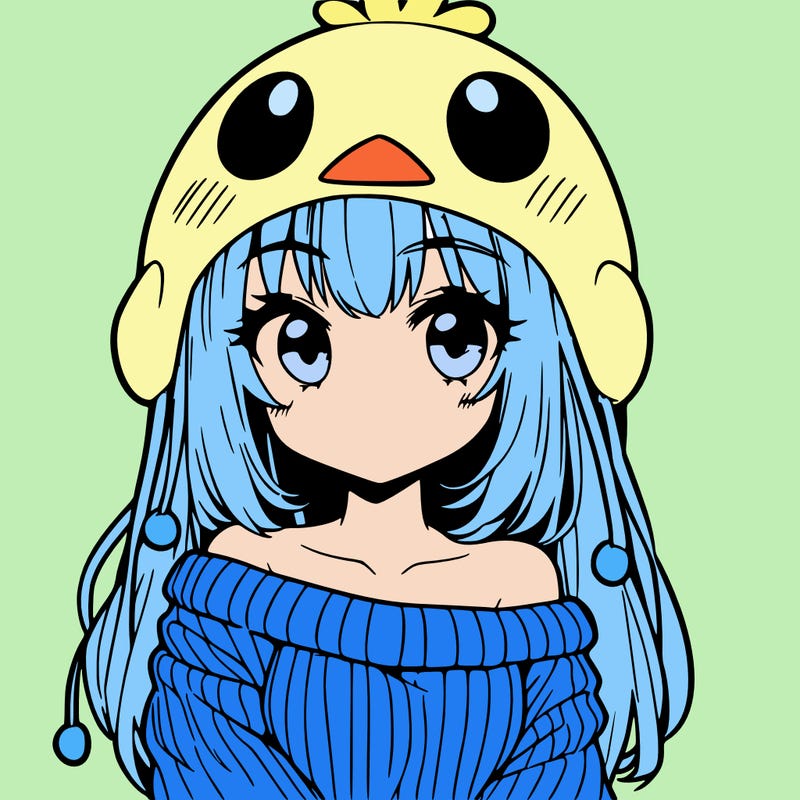 anime girl with chick shaped hat with sweater with bare shoulders with bangs covering them one eye with low tail