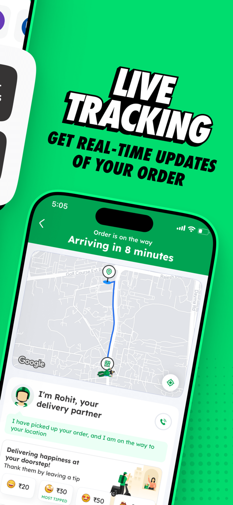 Bistro: Food in minutes - Mobile app interface of Bistro showing live order tracking on a map with a real-time arrival countdown