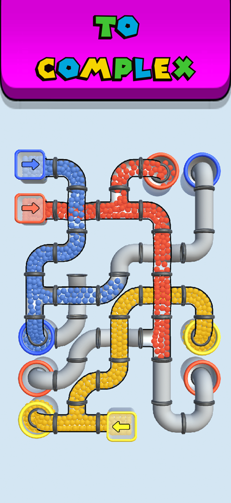 Pipes and Balls - A complex 3D puzzle level from Pipes and Balls showing red blue and yellow balls flowing through interconnected pipes