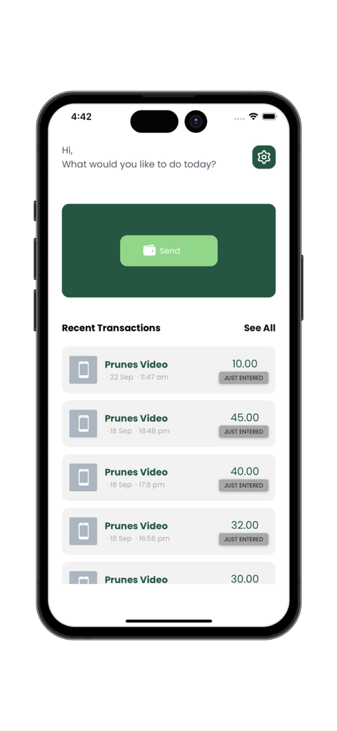 SIKACASH+ - Dashboard of the SIKACASH plus app showing recent transactions and a send money button