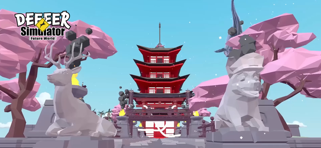 DEEEER Simulator: Future World - Eine rote japanische Pagode, umgeben von rosa Kirschblütenbäumen und Tierstatuen in DEEEER Simulator Future World