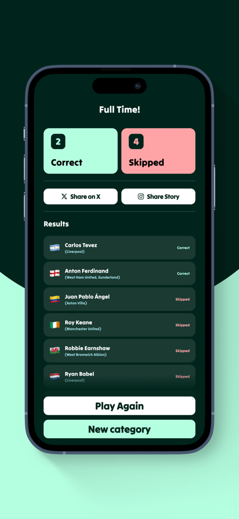 On Yer Head: Football Trivia - Game results screen of the On Yer Head football trivia app showing correct and skipped player guesses