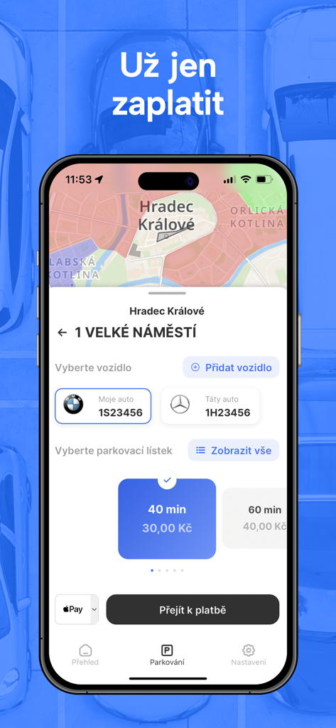 ParkSimply - ParkSimply mobile app screen showing parking duration selection and Apple Pay checkout in Hradec Kralove