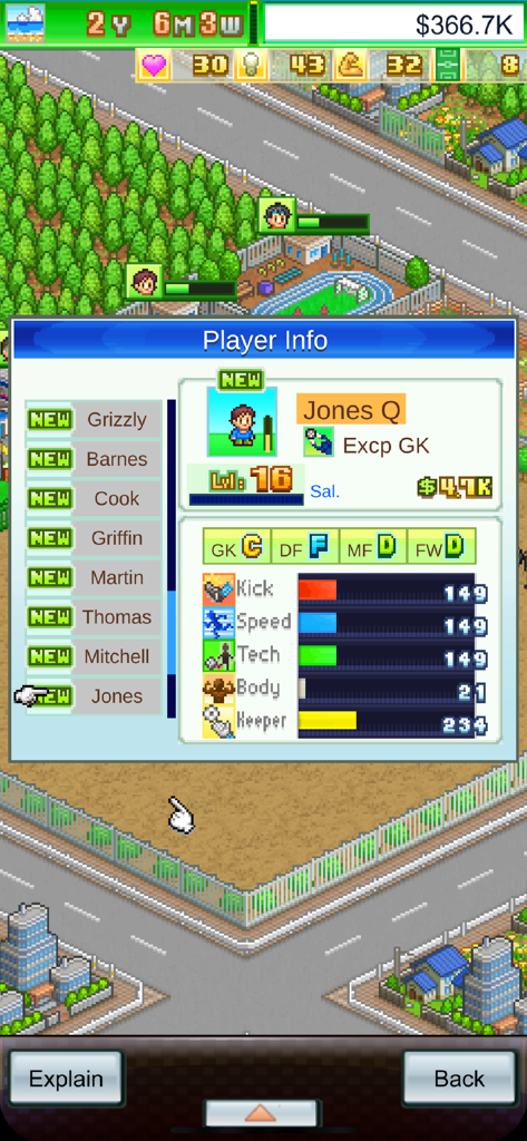 Pocket League Story - Schermata delle informazioni del giocatore di Pocket League Story che mostra statistiche e livello in stile pixel art retrò