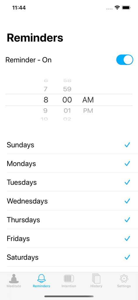 Lotus Bud Meditation Timer - Meditation reminder settings screen with a time picker and daily schedule options in the Lotus Bud app.
