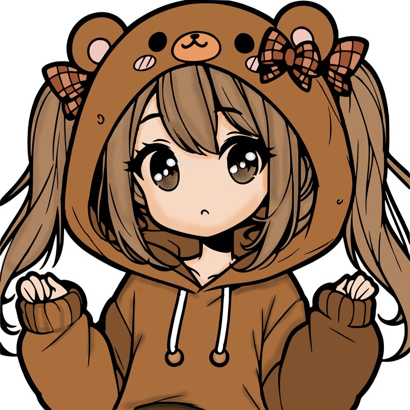 cute anime girl with ponytails and a cute bear hoodie