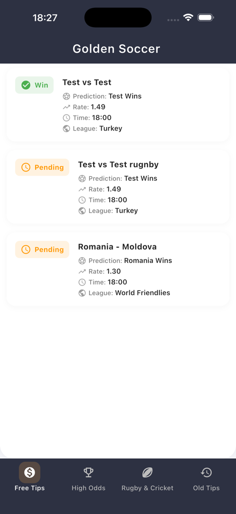 Interface of the Golden Soccer app displaying a list of free sports betting tips and prediction results.