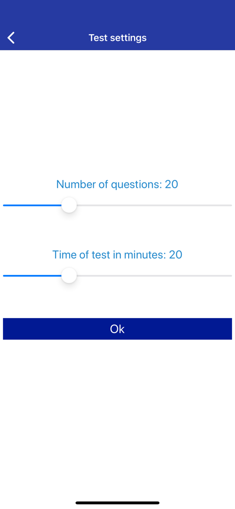 IQ Test & Training - Settings interface for adjusting the number of questions and time limit for an IQ test