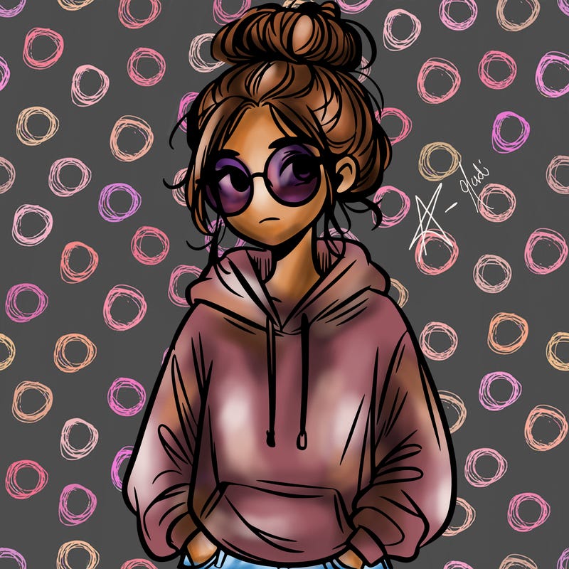 teen girl with a messy bun and glasses wearing a loose hoodie and jeans