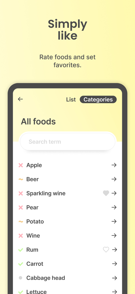 Une liste d'aliments dans l'application Ask Ingrid avec des notes de compatibilité codées par couleur et des options favorites