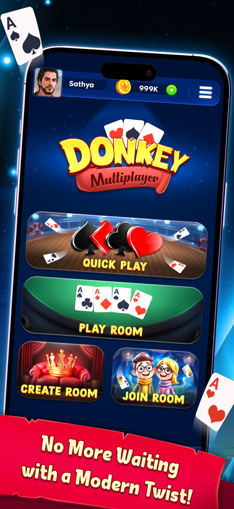 Donkey Multiplayer - Interfaccia del menu principale dell'app di gioco di carte Donkey Multiplayer che mostra diverse opzioni di modalità di gioco