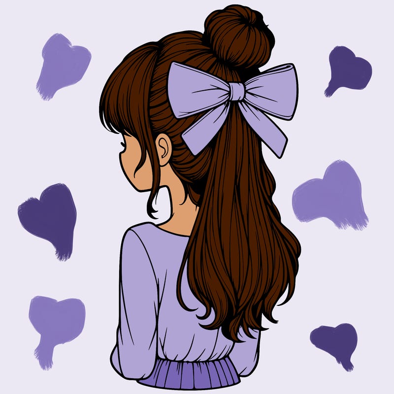 realistic girl  with hip length hair a bun and a big bow on the back of head