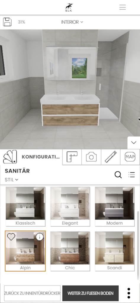 ELK House Designer - Progettazione e configurazione dello stile degli interni di un bagno 3D nell'app ELK House Designer