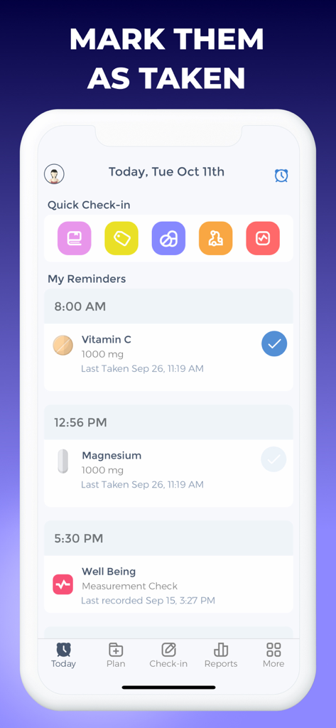 Pill Reminder & Tracker App - Pill Reminder app interface showing daily medication list and taken status
