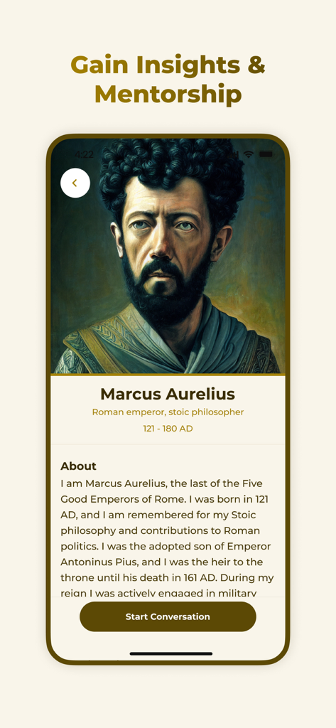 Hello History - AI Chat - Marcus Aurelius profile screen in the Hello History mobile app