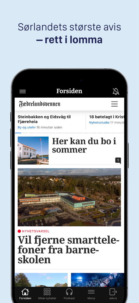 A smartphone displaying the Fædrelandsvennen news app front page with Norwegian local headlines and navigation menu.
