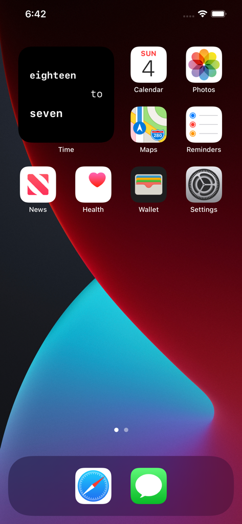 Uma tela inicial de iPhone minimalista mostrando um widget quadrado preto que exibe a hora dezoito e sete em texto branco.