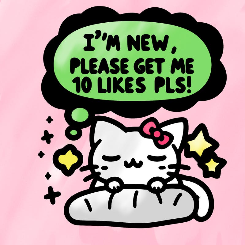 kitty taking a nap dream talking and saying "i'm new, please get me at least 10 likes pls!!"