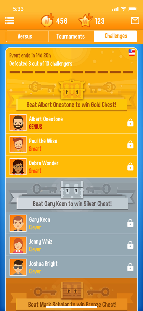WordOn HDソロチャレンジ画面、対戦相手のリストとアンロックするための報酬チェストを表示