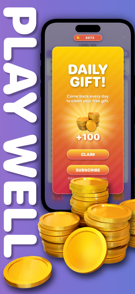 Word Search app daily gift screen with gold coins