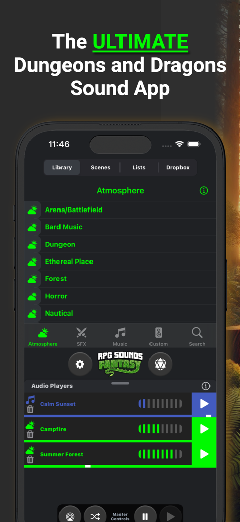 The RPG Sounds Fantasy app interface showing atmospheric audio players for campfire and forest sounds.
