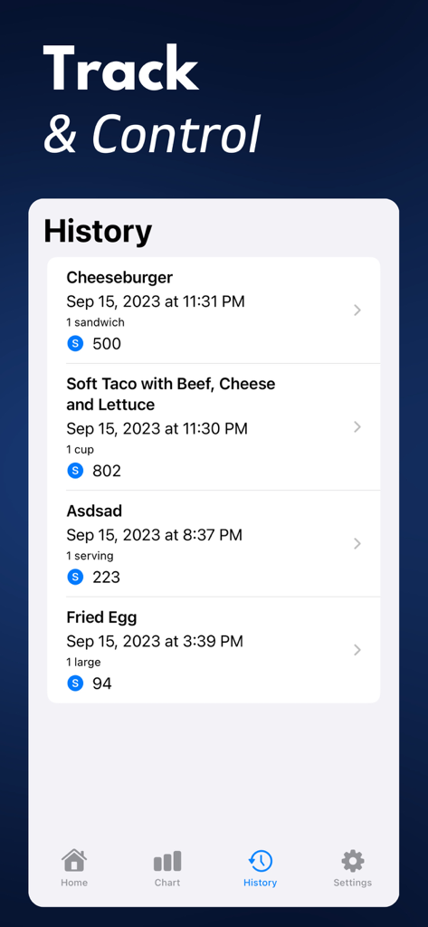 Food history log in the Sodium Tracker plus app displaying daily sodium intake for different meals