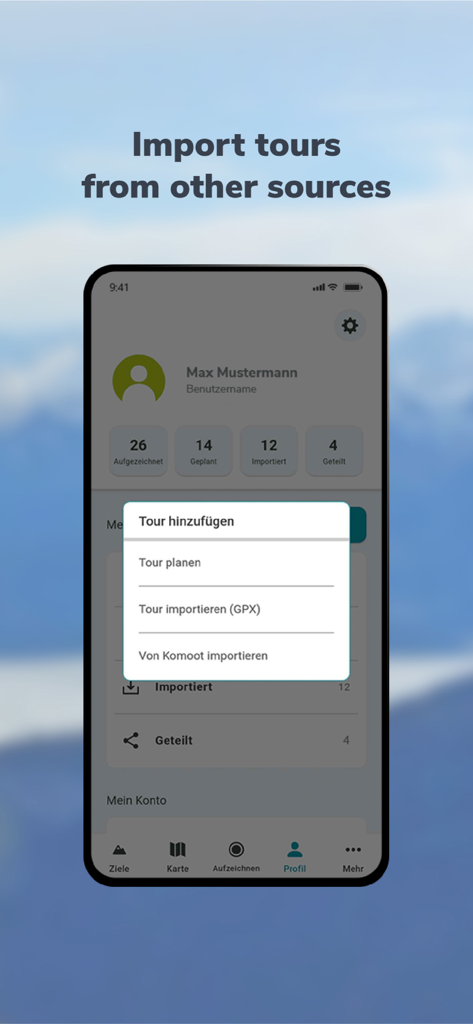 A mobile interface for RealityMaps 3D showing a menu to import hiking and biking tours from GPX files or Komoot.