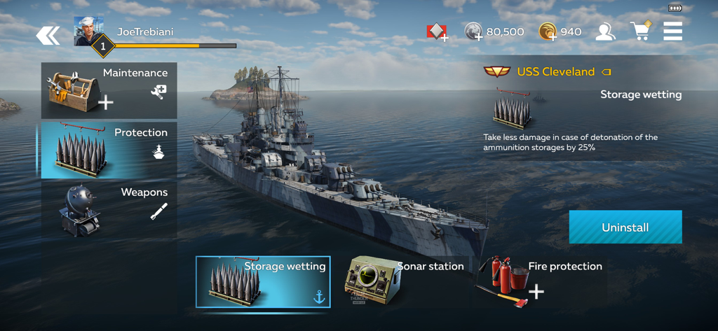 Customizing the USS Cleveland warship in War Thunder Mobile's protection menu