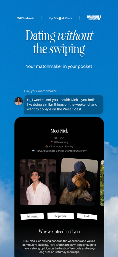 Sitch: AI Dating Matchmaker - Interfaz de la app de citas Sitch mostrando un perfil de pareja detallado y una introducción personalizada de un casamentero