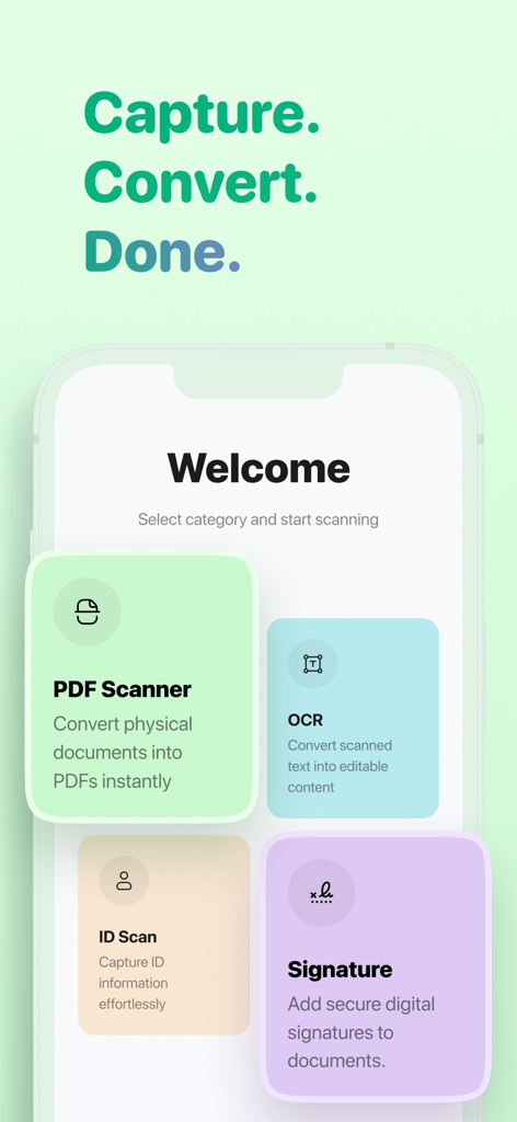 PDF Scanner Extra: Sign & Edit - PDF Scanner Extra app interface showing scanning, OCR, ID scan, and signature options.