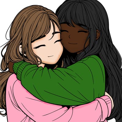 realistic two girls hugging
