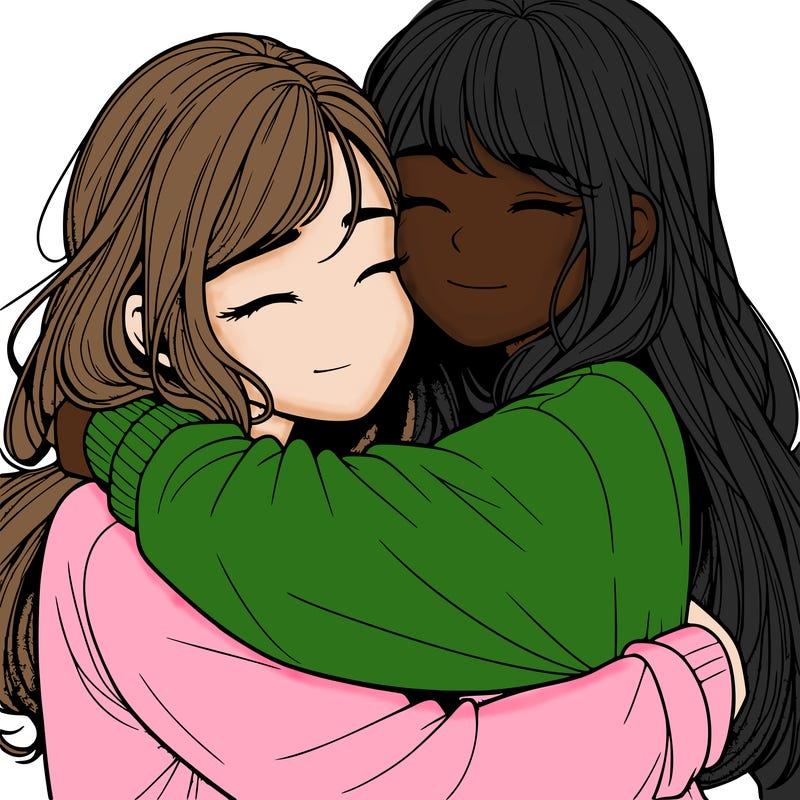 realistic two girls hugging