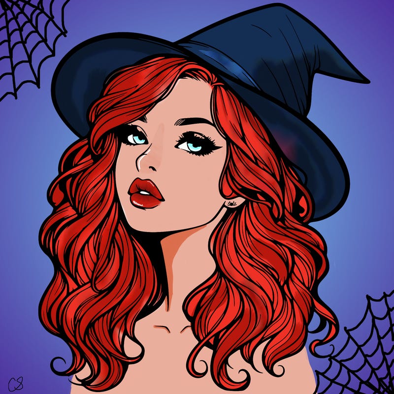 realistic witch girl with wavy hair and lips