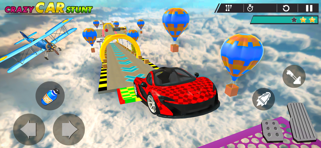 A red checkered sports car driving on a high altitude sky track with hot air balloons and a biplane in Crazy Car Stunts.