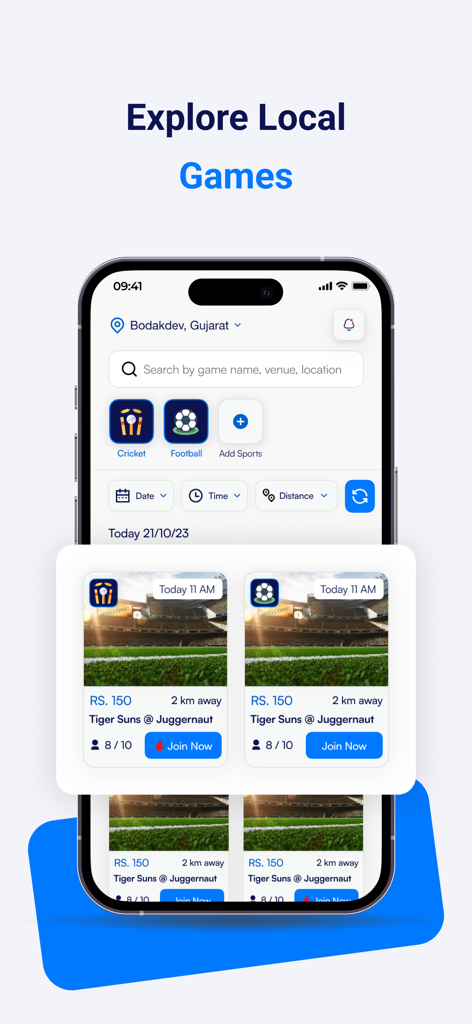 PlayPal Sports - PlayPal Sports mobile app interface showing local sports matches like cricket and football available to join with details on price distance and time