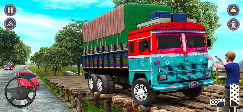 A colorful Indian cargo truck with traditional art driving on a wooden bridge in a simulation game.