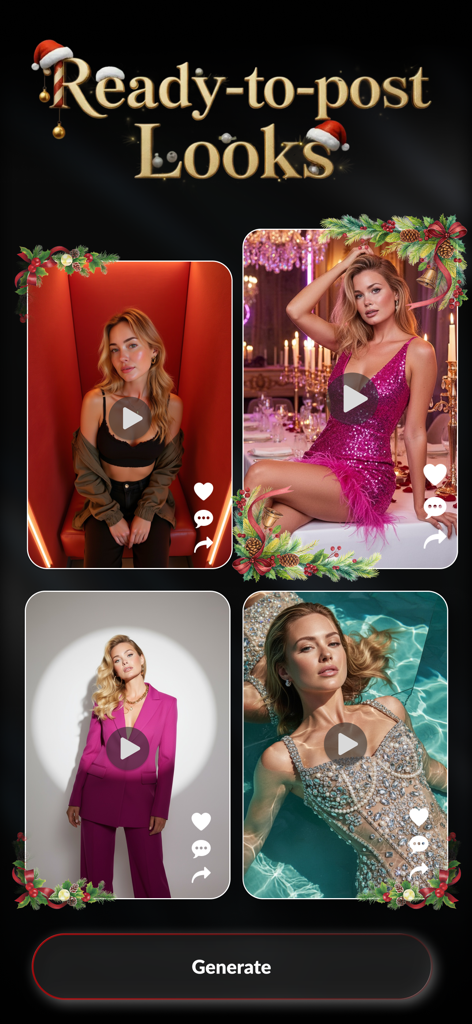 AI Photo Video Generator: AURA -  Interface de l'application AURA AI présentant divers styles de photos générés par IA de haute qualité pour les réseaux sociaux.